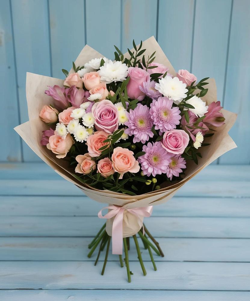 Букет цветов из: Хризантемы, Розы и Альстромерии в Денежниково