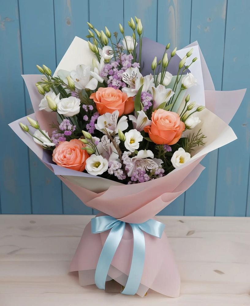 Букет цветов из: Лизиантусы, Розы, Альстромерии и Гипсофила в Денежниково