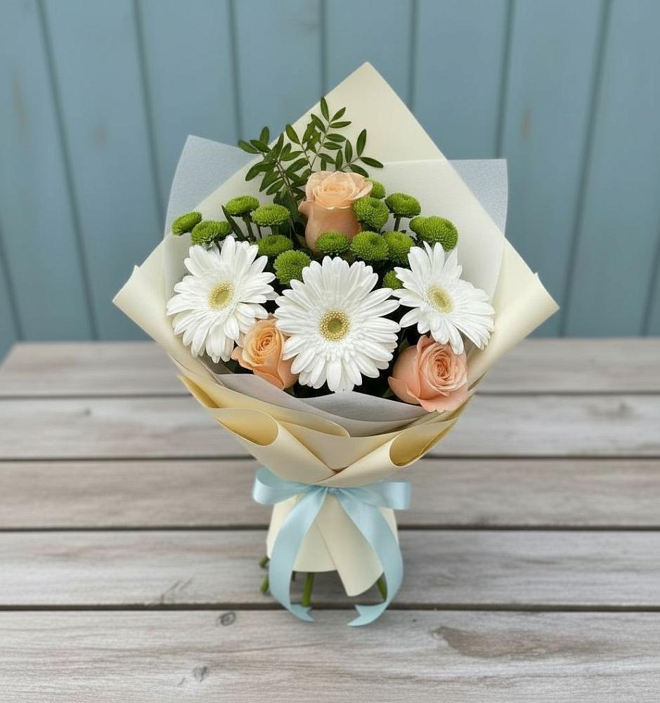 Букет цветов из: Герберы, Розы и Хризантемы в Денежниково