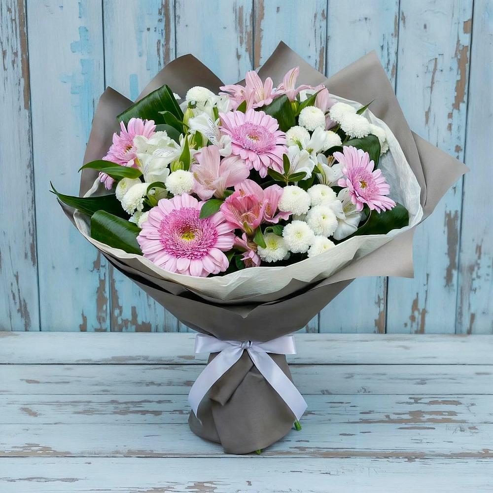 Букет цветов из: Герберы, Альстромерии и Хризантемы в Денежниково
