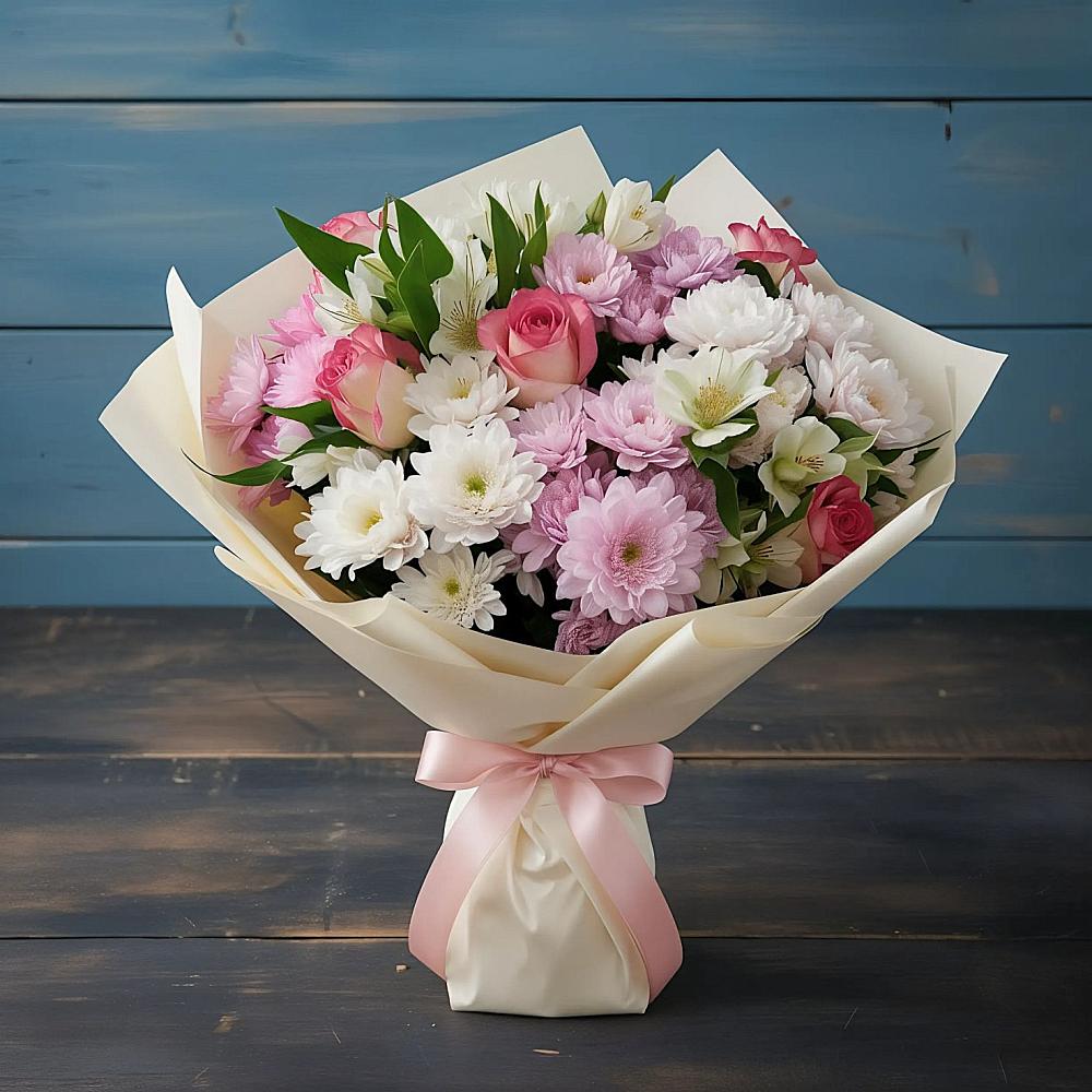 Букет цветов из: Хризантемы, Альстромерии и Розы в Денежниково